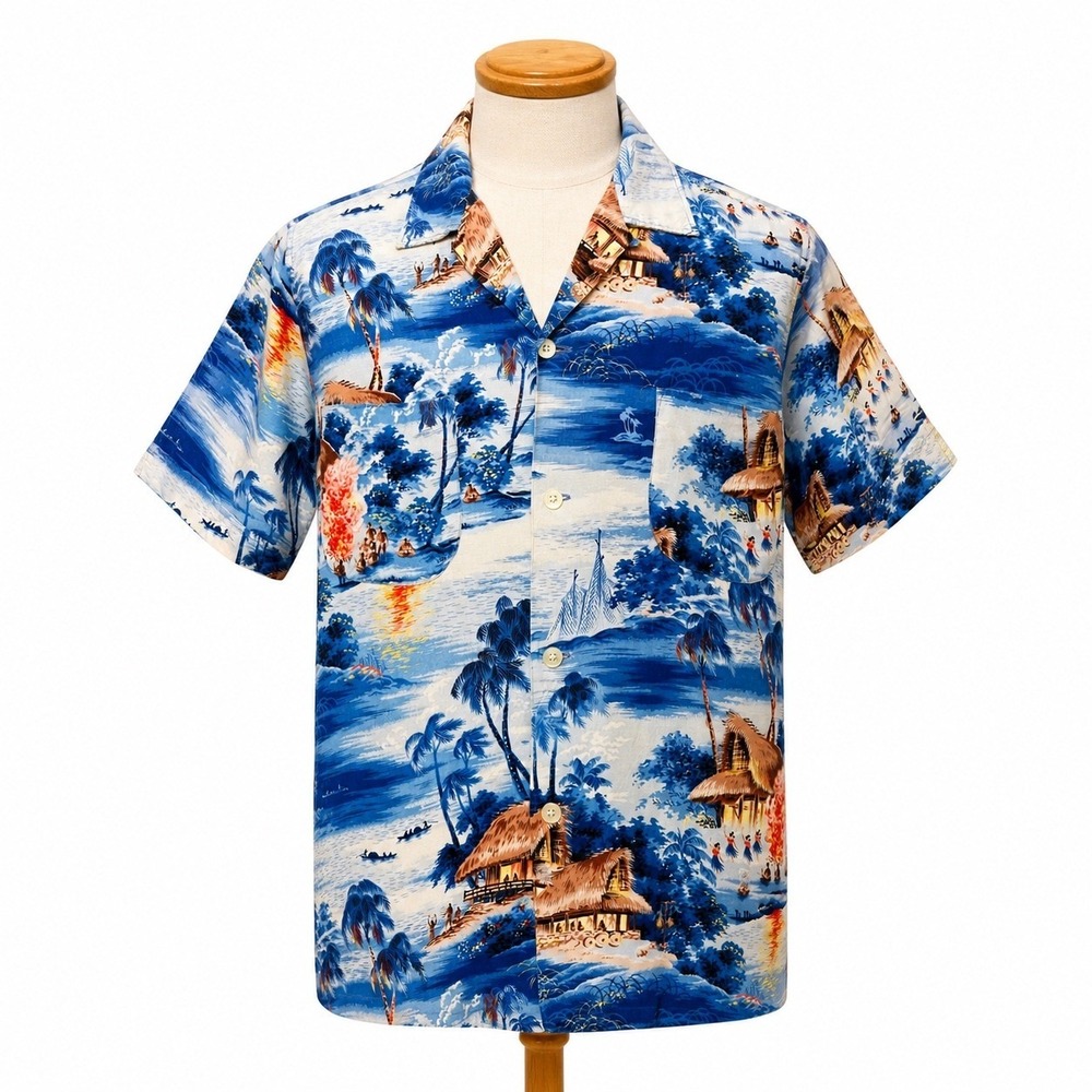 50s Penneys Hawaiian Shirt Small Blue Rayon Japan Made Vtg Hula Girls Rockabilly